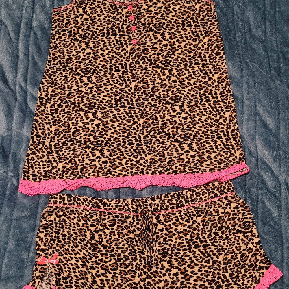 Intimates Leopard Print Pajama Set with Pink Trim